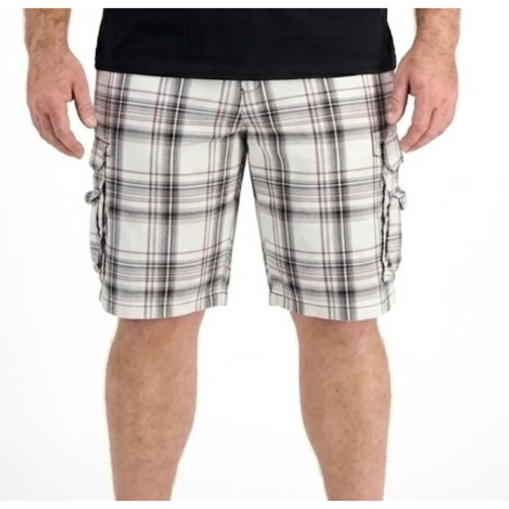 BURNSIDE Men's Plaid Cargo Multi Pockets Casual White Black Red Shorts-Size 48